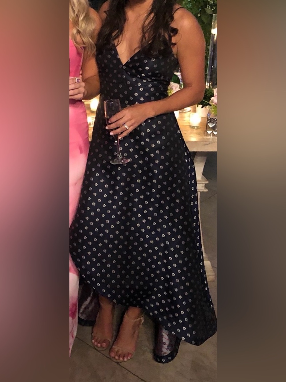 Monique Lhuillier Navy High-Low Dress with Silver Flowers